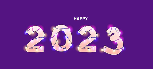 Year 2023 vector illustration. Number with glowing Christmas lights and bulbs. Celebrational sign for decoration. Festive set in playful style. 