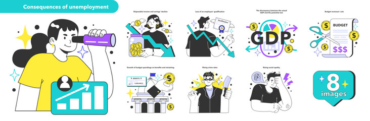 Unemployment consequences set. Social problem of occupancy, job