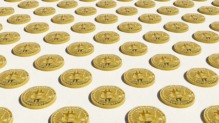 Bitcoin golden coins scattered seamless texture pattern perspective white background. Crypto web 3 metaverse. Digital gold BTC supply treasure blockchain wallpapers.