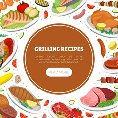 Grilled Food Design with Delicious Dish Served on Plate Vector Template