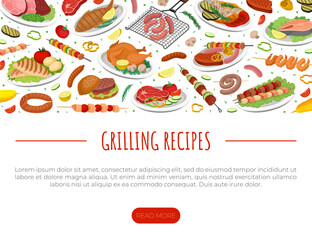 Grilled Food Design with Delicious Dish Served on Plate Vector Template