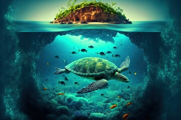 Obraz na płótnie Canvas Green underwater view of a tropical island with birds and coral reef made on the shell of a swimming giant green turtle. Background with copy space and sea turtle in tropical island