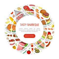 Grilled Food Design with Delicious Dish Served on Plate Vector Template