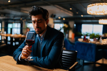 Portrait of pensive elegant man in suit holding in hand glasses of red wine sitting at table in restaurant with dark interior, thoughtful looking down. Bearded male resting and having dinner alone.