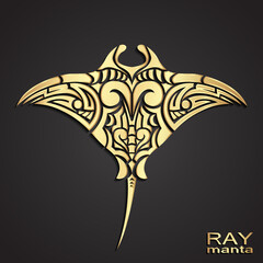 ray manta 3d golden ornamtal logo - obrazy, fototapety, plakaty