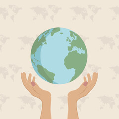 Hands holding  planet Earth flat style illustration. Save the planet, environment, ecology concept. 