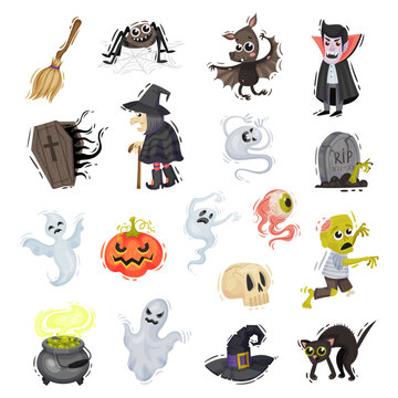 Halloween Symbols and Attributes with Ghost, Witch, Pumpkin, Black Cat, Spider and Zombie Big Vector Set