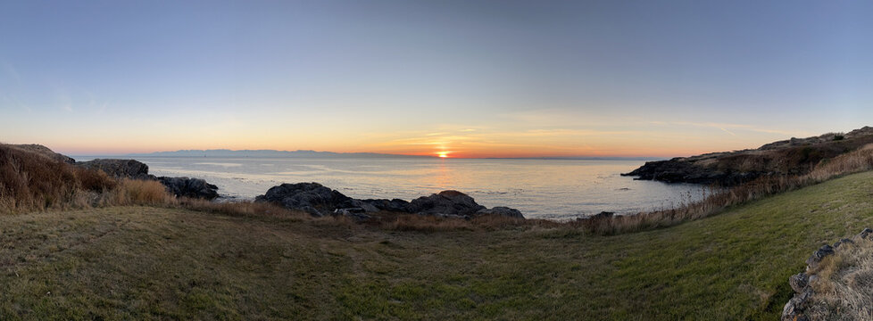 Panoramic view of the coast of San Juan Island at sunset
