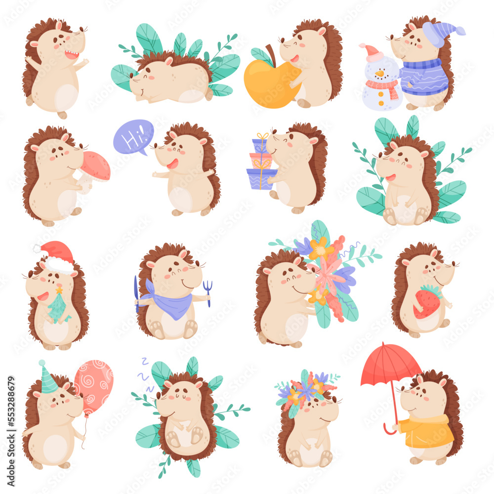 Poster hedgehog character with spikes engaged in different activity big vector set