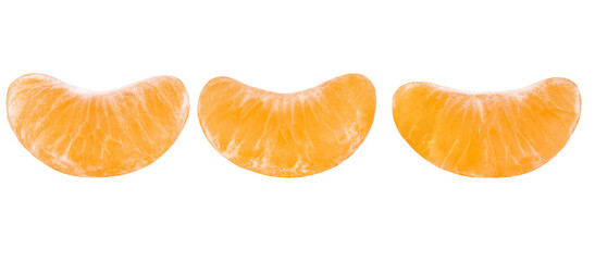Three lobes of peeled tangerines isolated on a transparent background.