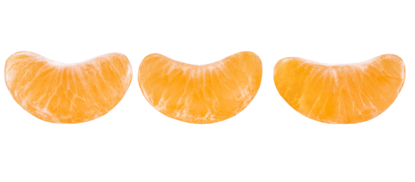 Three lobes of peeled tangerines isolated on a transparent background.