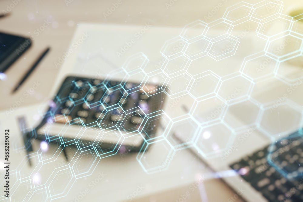 Poster abstract virtual technology sketch with hexagon grid on calculator and pc background, future technol