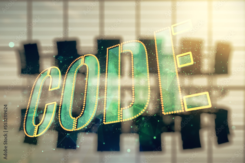 Aufkleber Code word hologram on a modern meeting room background, artificial intelligence and neural networks concept. Multiexposure