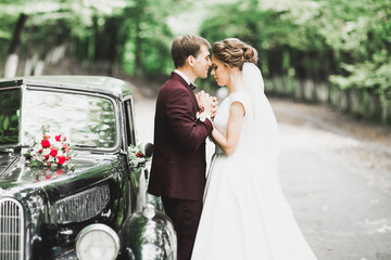 Beautiful newlywed couple posing near retro black car