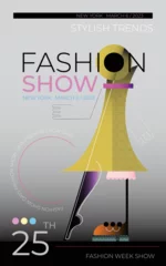Gordijnen Modeshow of modeweek vector ontwerpsjabloon. Abstract beeld van een modieuze vrouw die op de catwalk loopt. ©  danjazzia