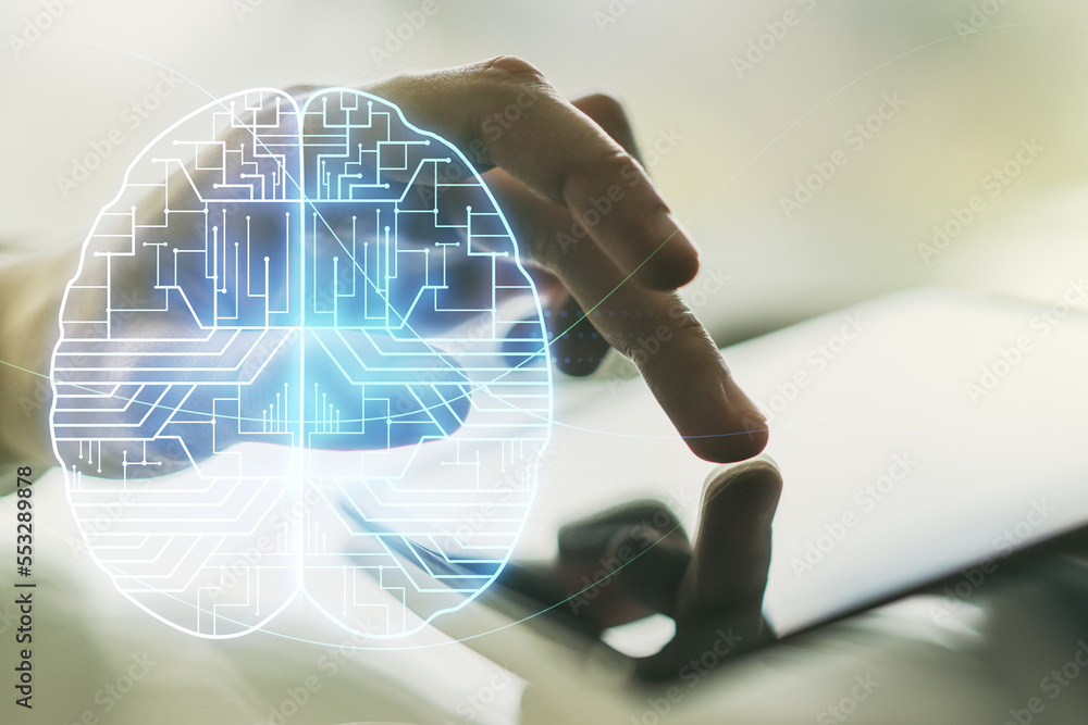 Aufkleber creative artificial intelligence concept with human brain hologram and finger clicks on a digital ta