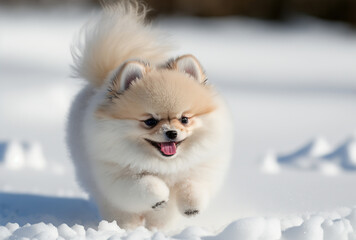 Fototapeta premium A Cute Fluffy Pomeranian Puppy Dog, with a Winter Snow background. Generative AI.