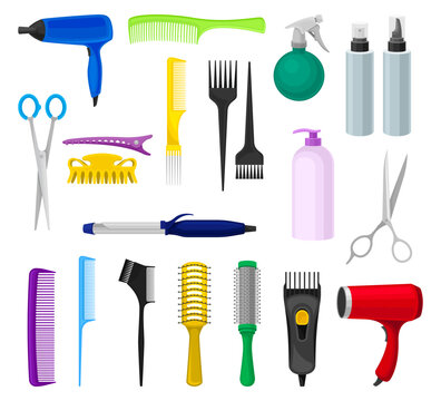 Hairdressing Tools and Equipment with Comb, Hairbrush and Hair Dryer Big Vector Set