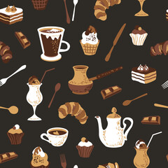Seamless pattern with coffee and different desserts. - 553290470