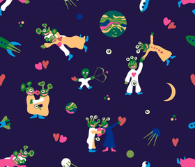 Seamless pattern with funny aliens in love. - 553290491