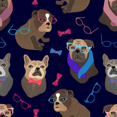 Seamless pattern with funny dogs in glasses. - 553290492