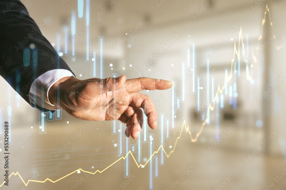 Poster multi exposure of trader hand clicks on virtual abstract financial graph interface on blurred office