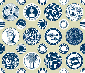 Seamless pattern with a set of hand-painted ceramic plates. - 553290808