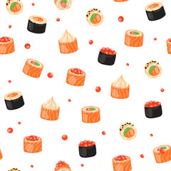 Seamless  pattern with sushi, white background. Vector illustration
