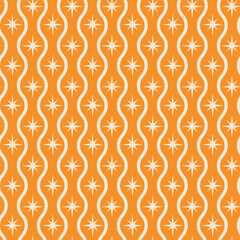 Mid century modern atomic starburst seamless pattern between ogee waves on orange background. For home décor, textile and fabric 