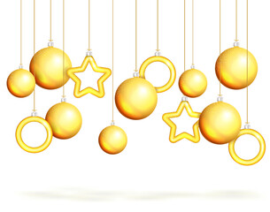 Christmas golden balls hanging on a golden ribbon, isolated on white background Realistic New Year 3d design. Festive Christmas decorations, hanging baubles. Vector