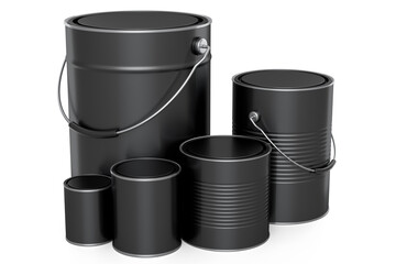 Set of metal can or buckets of paint in row pattern on white background.