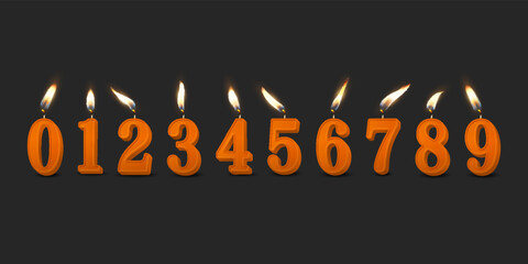 Vector 3d Realistic Paraffin or Wax Burning Orange Birthday Party Candles, Numbers and Different Flame of a Candle Icon Set Isolated. Design Template, Clipart, Birthday Concept. Front View