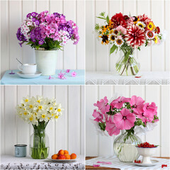 Summer bouquets in a vase, collage. Cottage core. Garden flowers.