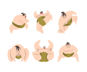 Sumo Wrestler as Japanese Martial Arts Fighter in Different Poses Vector Set