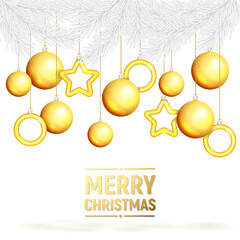 Christmas golden balls hanging on a golden ribbon, isolated on white background Realistic New Year 3d design. Festive Christmas decorations, hanging baubles. Vector