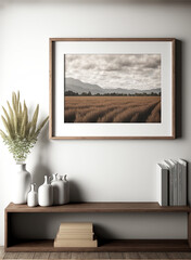 mock up image framed on wall with vases, books or 
 other decor on console table