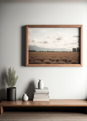 mock up image framed on wall with vases, books or 
 other decor on console table