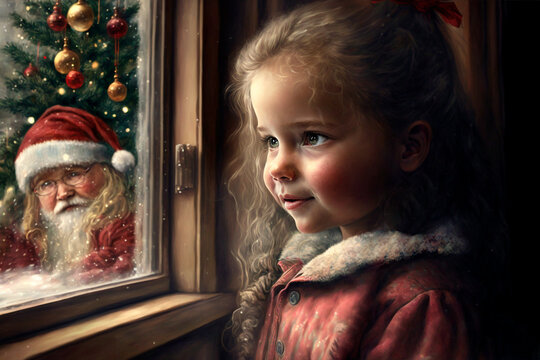 child looking Santa Claus through the window