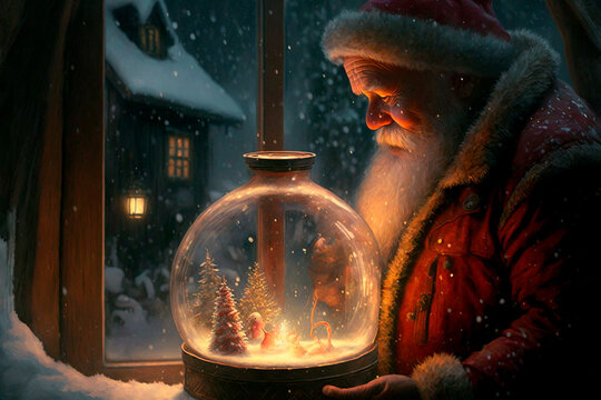 santa claus looking at a christmas globe