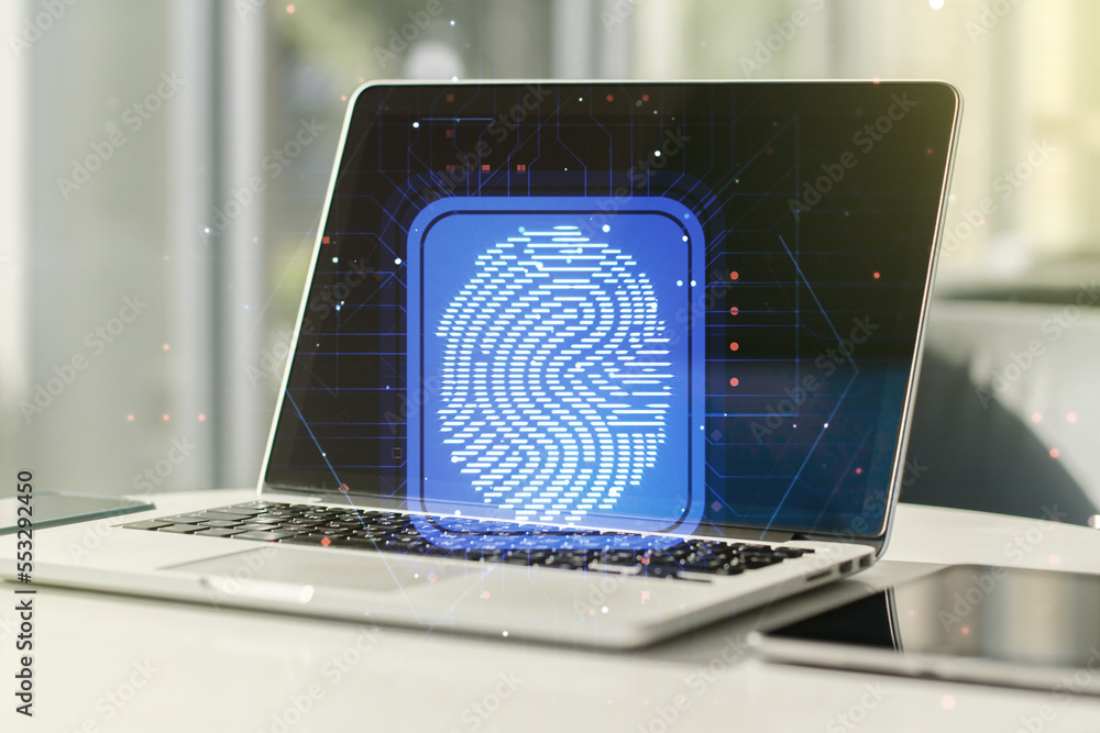 Poster multi exposure of abstract creative fingerprint illustration on modern laptop background, digital ac