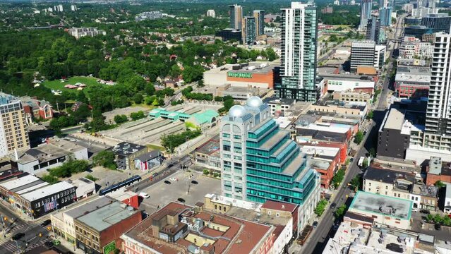 Aerial timelapse zoom of Kitchener, Ontario, Canada in spring 4K