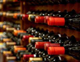 Bottles of black red wine lined up and stacked on shelves in a luxury collectible wine store.