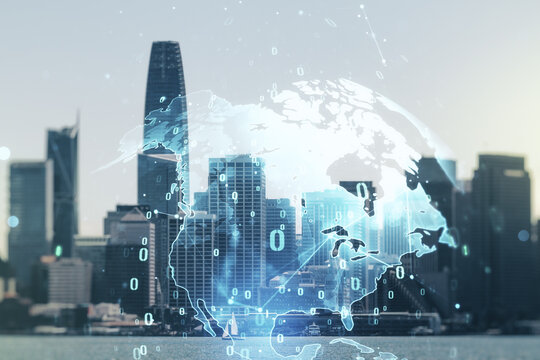 Double exposure of abstract creative programming illustration and world map on San Francisco office buildings background, big data and blockchain concept