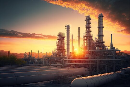 Petrochemical Industry Oil Refinery Chemical Plant With Pipeline, Chimney At River Bank