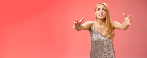 Obsessed ex-girlfriend widen eyes crazy clench teeth stretch hands forward wanna hold tight forever together standing crazy weird red background in silver dress clingy girl want hugs, cuddles - obrazy, fototapety, plakaty