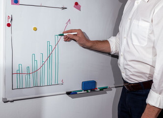 Hand writing, drawing business graph on white board, clipboard. Hand of employee, growth chart on whiteboard