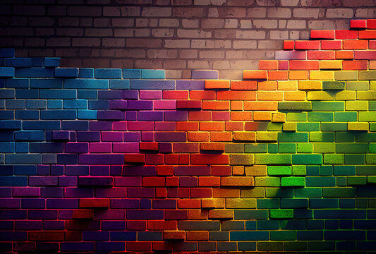 A brick wall painted in a rainbow color. Generative AI illustration