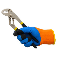 Close-up of a hand in a protective work glove holding a universal key. Isolated background. The hand is missing in the photo