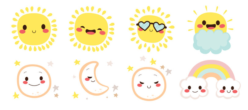 Vector set illustration of funny sun moon and rainbow icon symbols. Weather element design