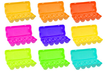 open empty plastic egg boxes on a white background. Different color options